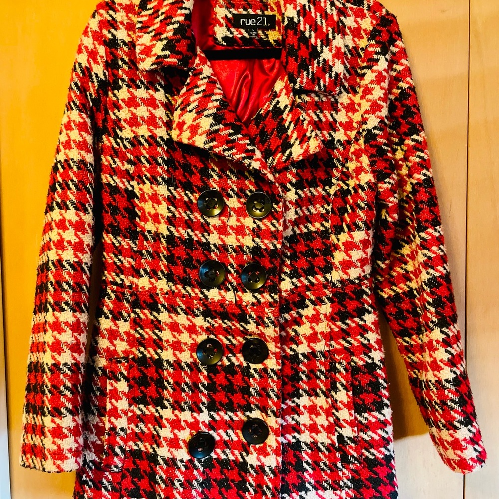 Vibrant Red Checkered Peacoat